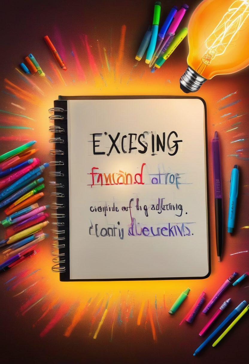 A vibrant, open notebook surrounded by colorful pens and highlighters, where words like 'exciting', 'vivid', and 'detailed' float above, symbolizing the diversity of modifiers. A glowing light bulb represents creativity, and colorful adjectives burst from the pages like fireworks. The background features stacked books and a cozy writing nook. super-realistic. vibrant colors. warm tones.