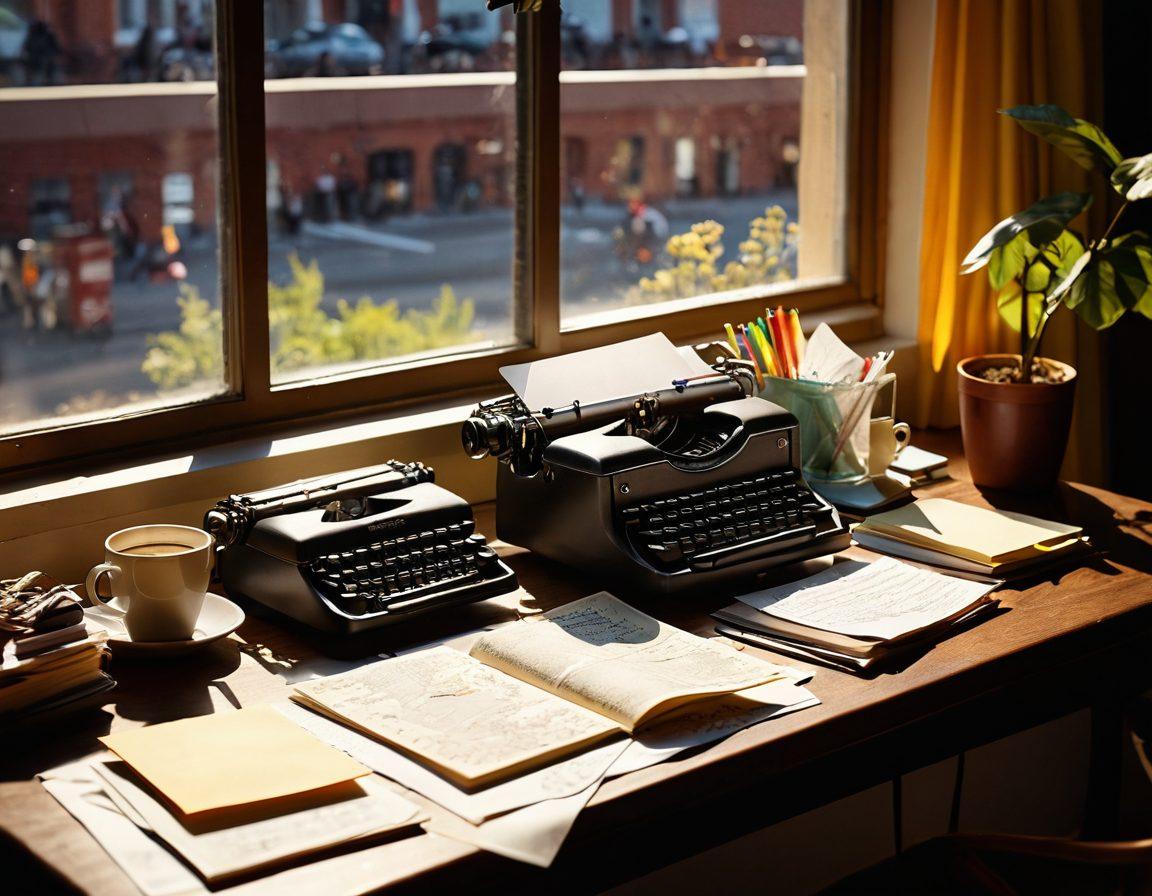 A stylish writer's desk cluttered with papers, colorful pens, and a vintage typewriter, showcasing a narrative map with vibrant flowcharts and sticky notes. Include an open book with highlighted text and a steaming cup of coffee beside it, symbolizing creativity and focus. The background should feature a large window letting in warm sunlight, casting playful shadows over the scene. artistic rendering. soft focus. warm tones.